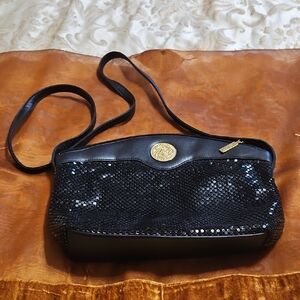 Whiting & Davis Black Mesh Shoulder Bag with Gold Medallion